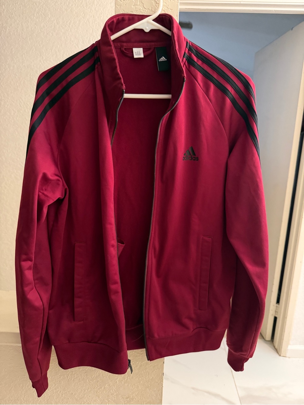 adidas Men's Burgundy Bomber Jacket with Black Stripes